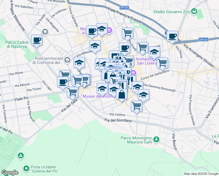 map of restaurants, bars, coffee shops, grocery stores, and more near 5 Via Gaetano Tibaldi in Cremona