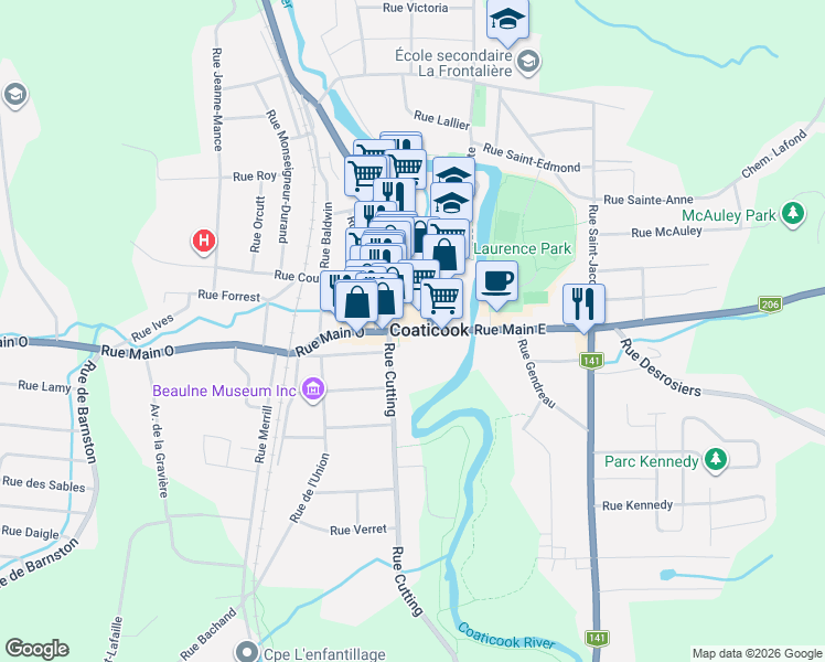map of restaurants, bars, coffee shops, grocery stores, and more near Québec 141 in Coaticook
