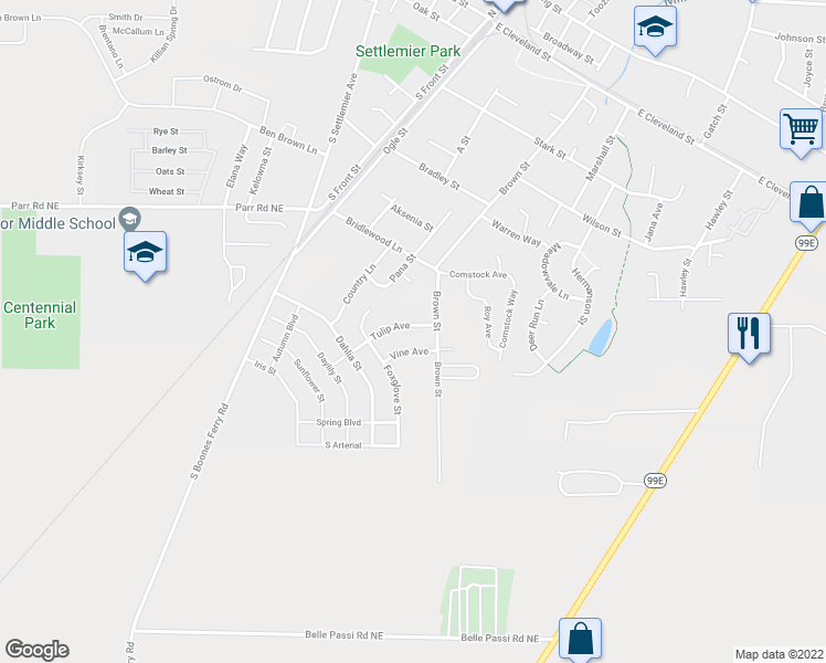 map of restaurants, bars, coffee shops, grocery stores, and more near 458 Tulip Avenue in Woodburn