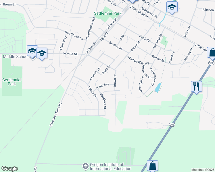 map of restaurants, bars, coffee shops, grocery stores, and more near 452 Tulip Avenue in Woodburn