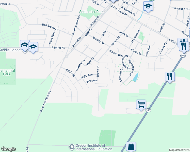 map of restaurants, bars, coffee shops, grocery stores, and more near 480 Tulip Avenue in Woodburn