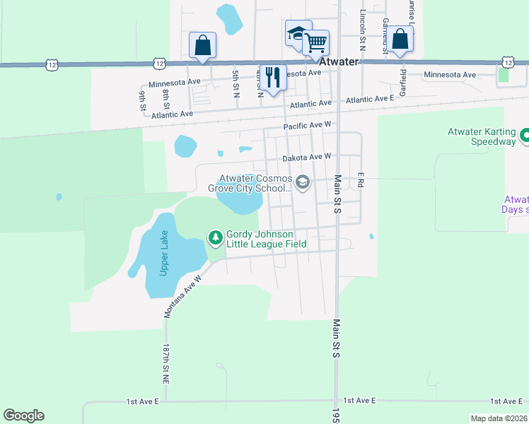 map of restaurants, bars, coffee shops, grocery stores, and more near 412 4th Street South in Atwater