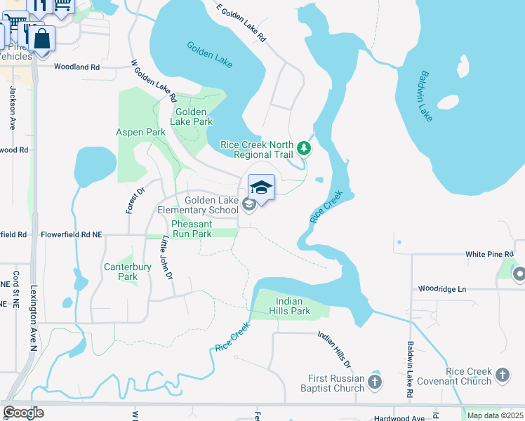 map of restaurants, bars, coffee shops, grocery stores, and more near 1 School Road in Circle Pines