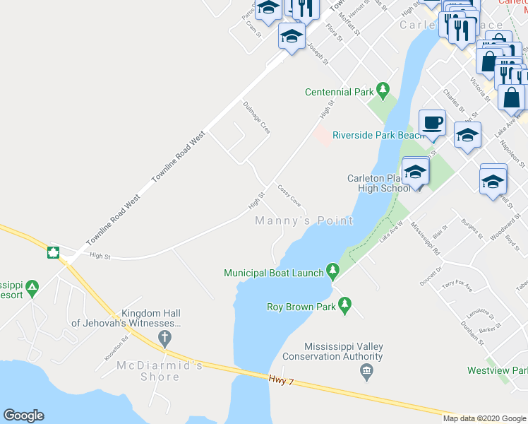 map of restaurants, bars, coffee shops, grocery stores, and more near 388 High Street in Carleton Place