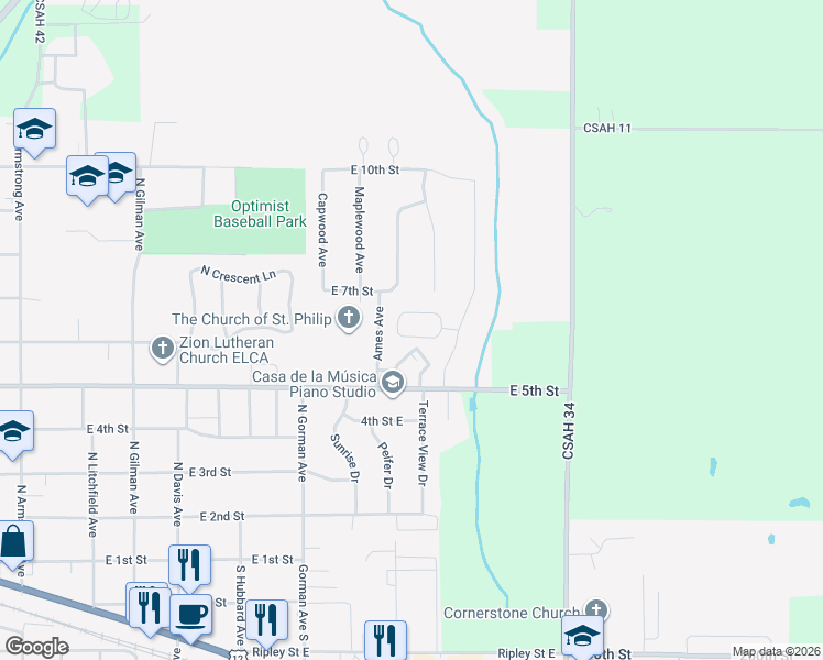 map of restaurants, bars, coffee shops, grocery stores, and more near 901 East 5th Street in Litchfield