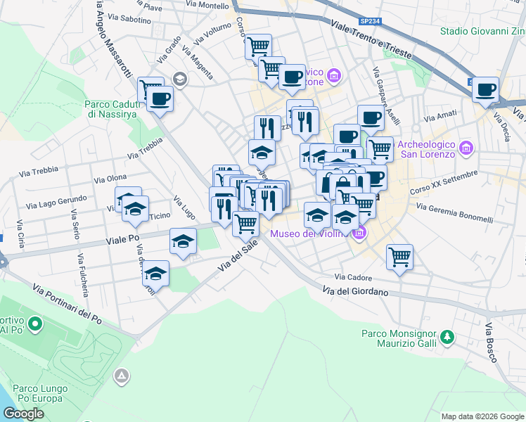 map of restaurants, bars, coffee shops, grocery stores, and more near 2 Via del Giordano in Cremona
