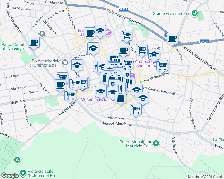 map of restaurants, bars, coffee shops, grocery stores, and more near 5 Via Gaetano Tibaldi in Cremona