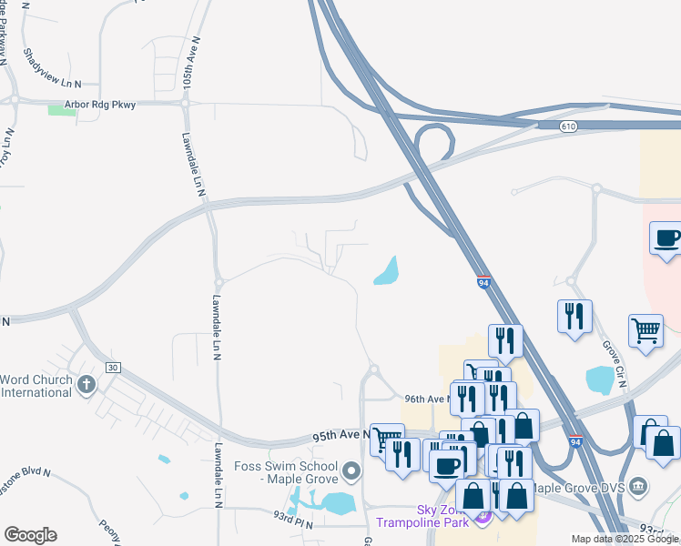 map of restaurants, bars, coffee shops, grocery stores, and more near 9820 Garland Lane North in Maple Grove