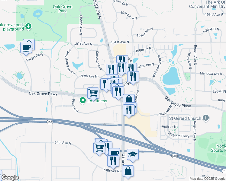 map of restaurants, bars, coffee shops, grocery stores, and more near 9672 Oak Grove Parkway in Brooklyn Park