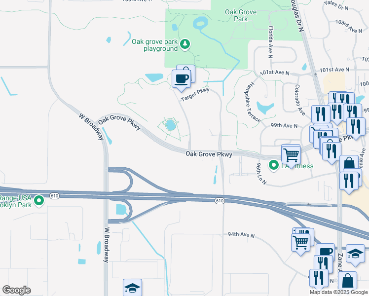 map of restaurants, bars, coffee shops, grocery stores, and more near 7000 Target Parkway in Brooklyn Park