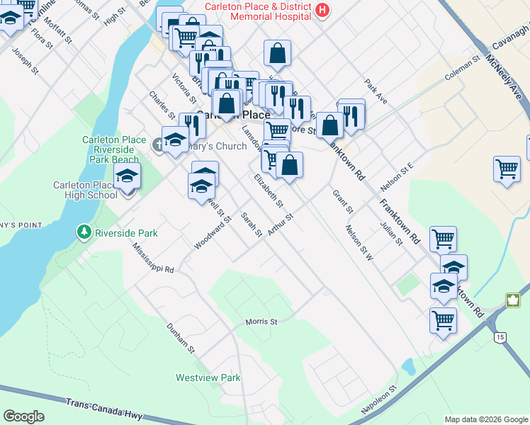 map of restaurants, bars, coffee shops, grocery stores, and more near 33 Napoleon Street in Carleton Place