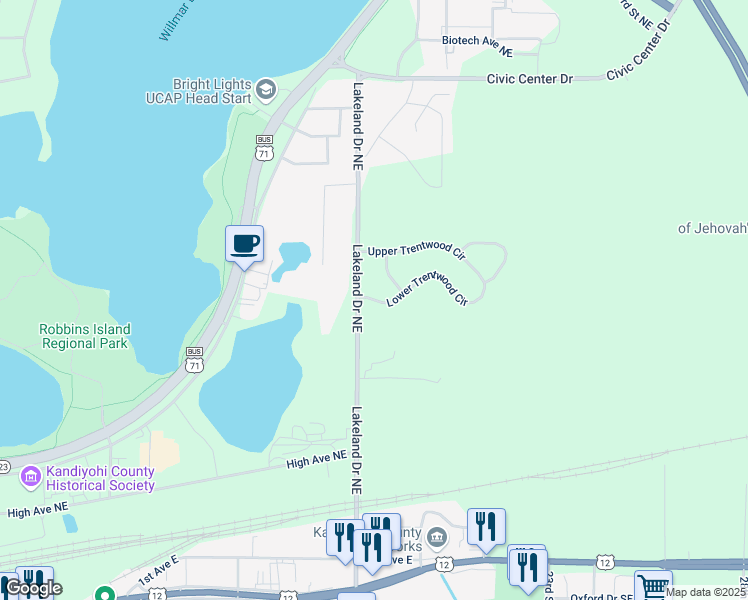 map of restaurants, bars, coffee shops, grocery stores, and more near 1500 Lower Trentwood Circle Northeast in Willmar