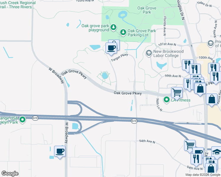 map of restaurants, bars, coffee shops, grocery stores, and more near 7000 Oak Grove Parkway in Brooklyn Park
