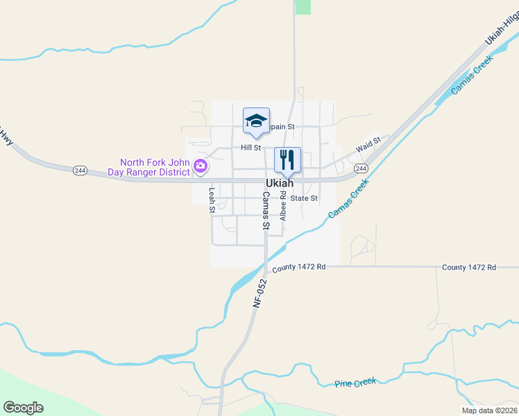 map of restaurants, bars, coffee shops, grocery stores, and more near 105 Camas Street in Ukiah