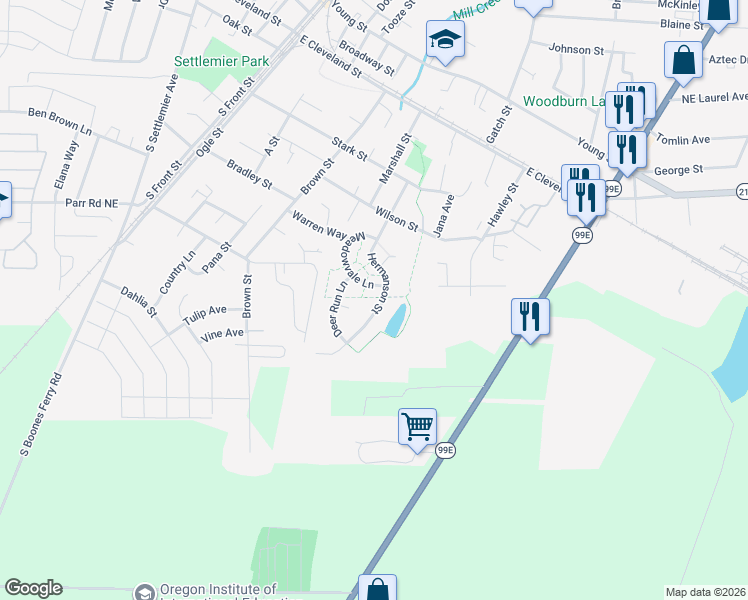 map of restaurants, bars, coffee shops, grocery stores, and more near 988 Meadowvale Lane in Woodburn