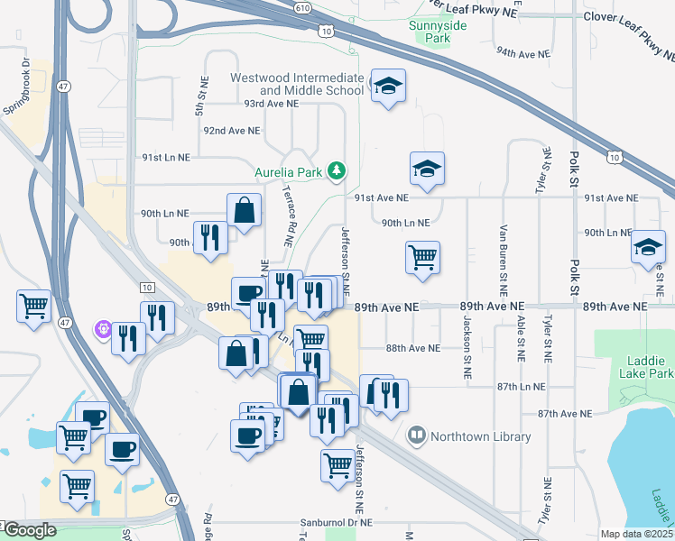 map of restaurants, bars, coffee shops, grocery stores, and more near 9001 Jefferson Street Northeast in Blaine