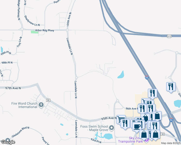 map of restaurants, bars, coffee shops, grocery stores, and more near 17425 101st Avenue North in Osseo