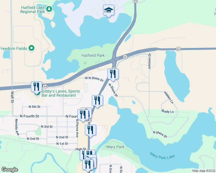 map of restaurants, bars, coffee shops, grocery stores, and more near 1132 North Knowles Avenue in New Richmond