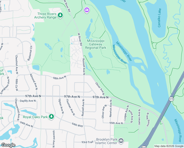 map of restaurants, bars, coffee shops, grocery stores, and more near 9760 Oliver Avenue North in Minneapolis