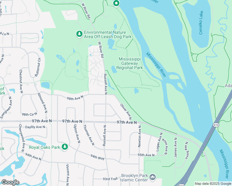 map of restaurants, bars, coffee shops, grocery stores, and more near 9760 Oliver Avenue North in Minneapolis