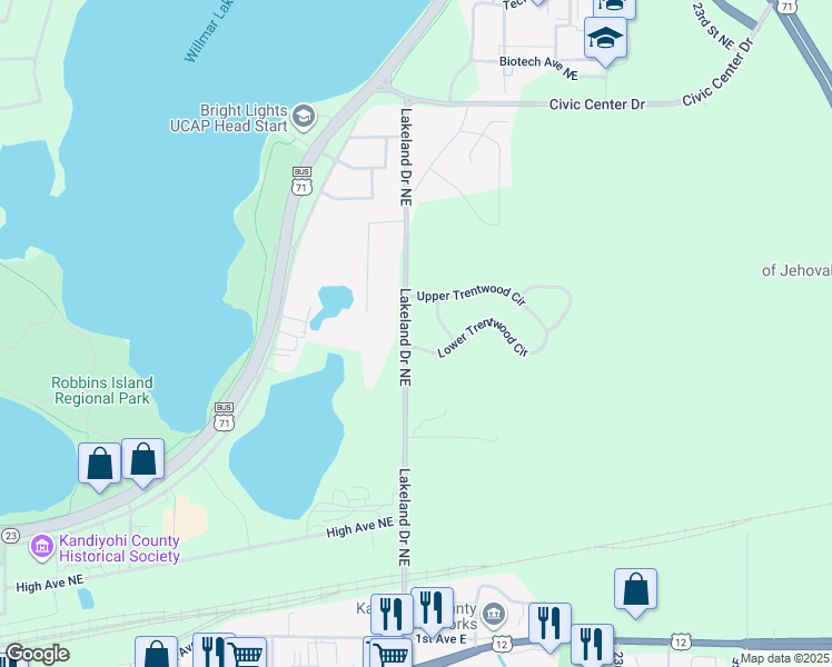 map of restaurants, bars, coffee shops, grocery stores, and more near 1500 Lower Trentwood Circle Northeast in Willmar