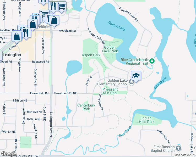 map of restaurants, bars, coffee shops, grocery stores, and more near 323 Sherwood Court in Circle Pines