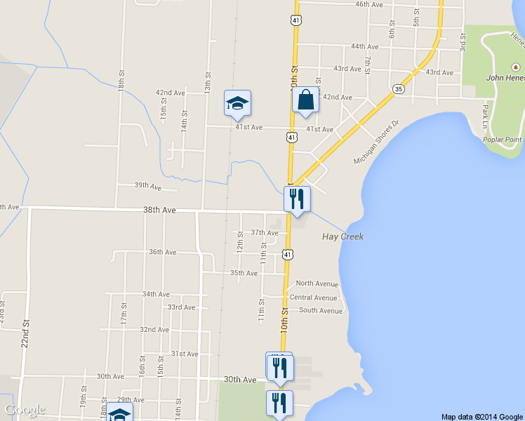 map of restaurants, bars, coffee shops, grocery stores, and more near 3805 10th Street in Menominee