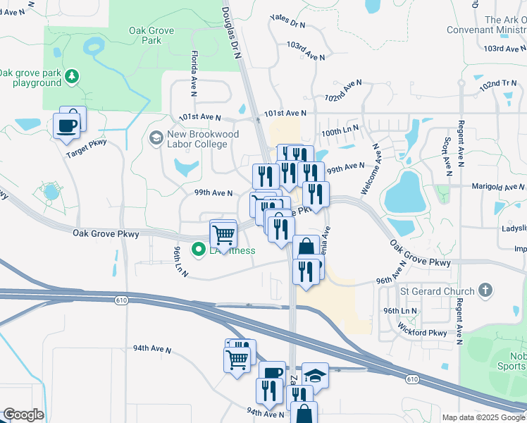 map of restaurants, bars, coffee shops, grocery stores, and more near 18598 Oak Grove Parkway in Brooklyn Park