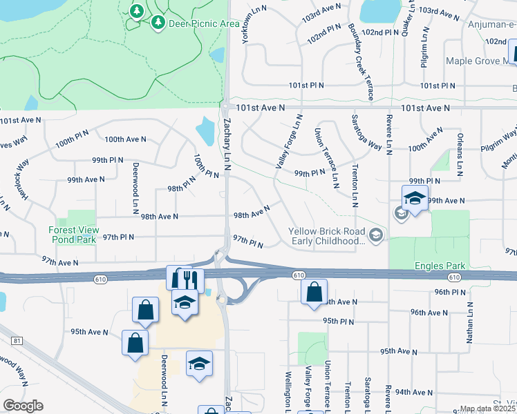 map of restaurants, bars, coffee shops, grocery stores, and more near 10915 Maple Valley Drive in Maple Grove