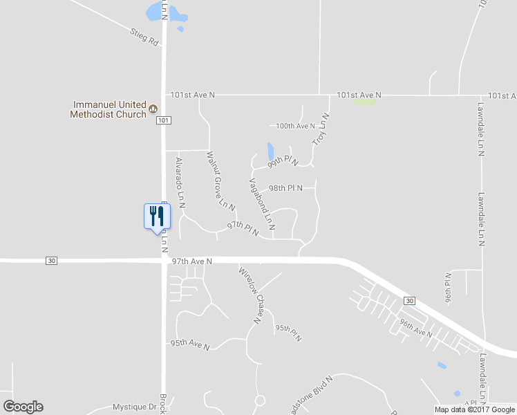 map of restaurants, bars, coffee shops, grocery stores, and more near 9833 Vagabond Lane North in Maple Grove