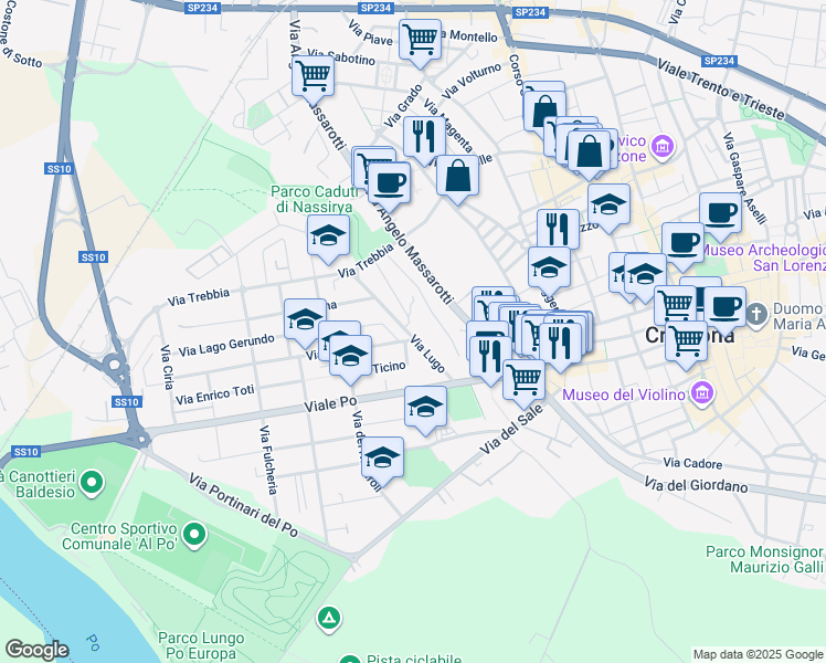 map of restaurants, bars, coffee shops, grocery stores, and more near 19 Via Lugo in Cremona