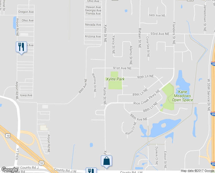 map of restaurants, bars, coffee shops, grocery stores, and more near 8989 Xylite Street Northeast in Blaine