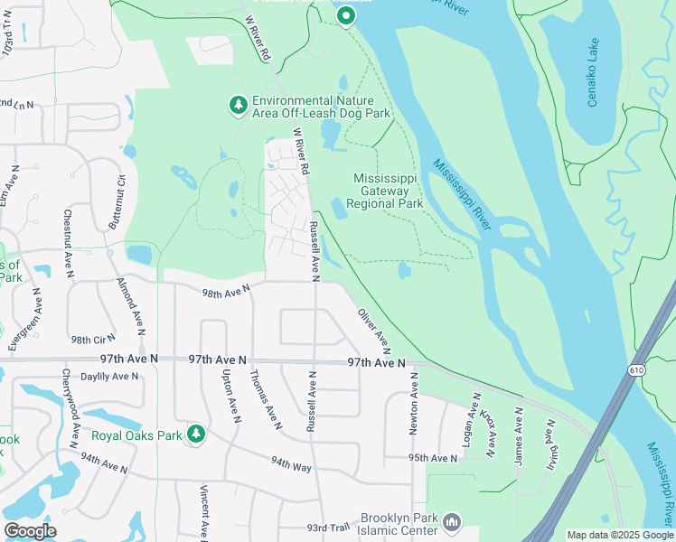 map of restaurants, bars, coffee shops, grocery stores, and more near 9760 Oliver Avenue North in Minneapolis