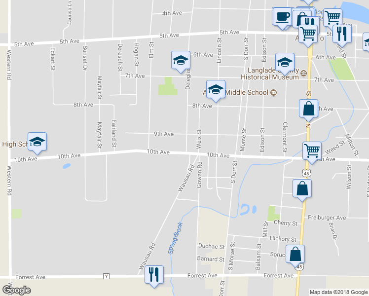 map of restaurants, bars, coffee shops, grocery stores, and more near 126 Deleglise Street in Antigo
