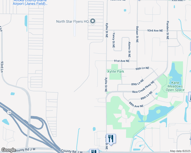 map of restaurants, bars, coffee shops, grocery stores, and more near 9010 Waconia Street Northeast in Blaine