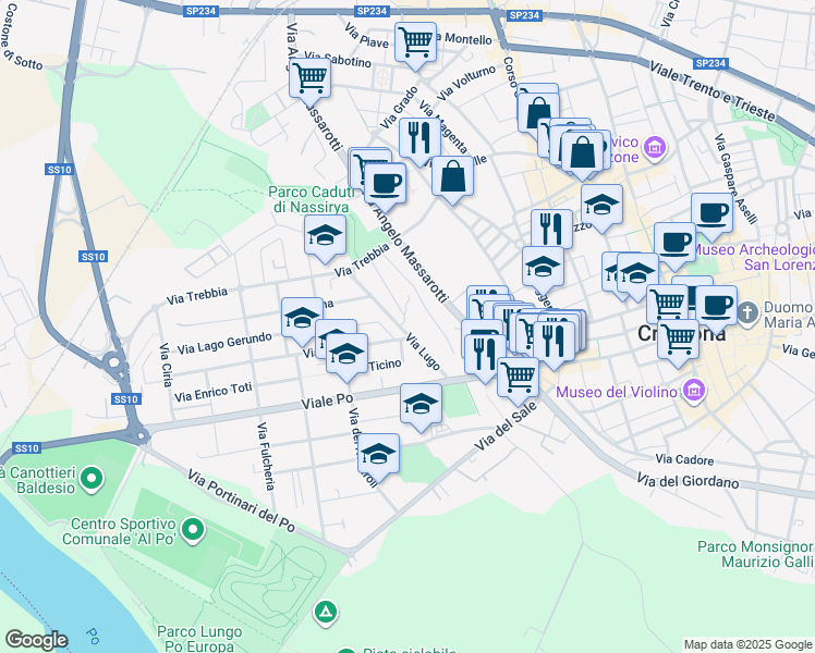 map of restaurants, bars, coffee shops, grocery stores, and more near 19 Via Lugo in Cremona