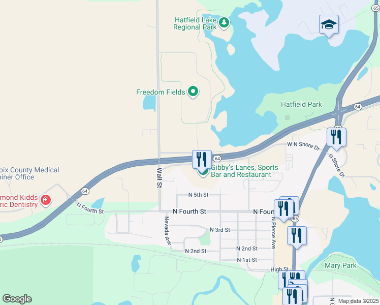 map of restaurants, bars, coffee shops, grocery stores, and more near 639 Industrial Boulevard in New Richmond