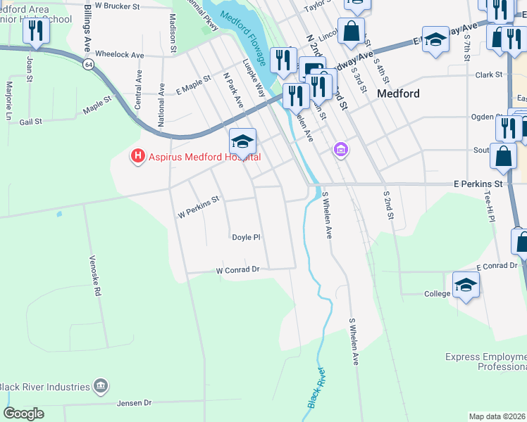 map of restaurants, bars, coffee shops, grocery stores, and more near 530 South Washington Avenue in Medford
