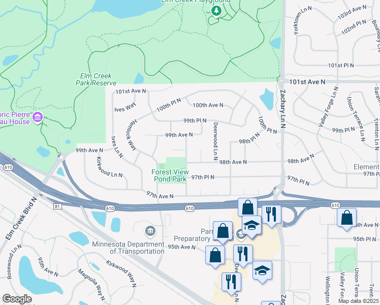 map of restaurants, bars, coffee shops, grocery stores, and more near 9852 Forestview Lane North in Maple Grove