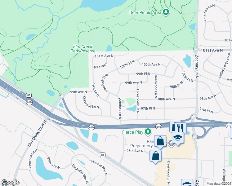 map of restaurants, bars, coffee shops, grocery stores, and more near 9807 Hemlock Lane North in Maple Grove