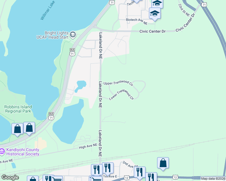 map of restaurants, bars, coffee shops, grocery stores, and more near 904 Cottonwood Drive in Willmar