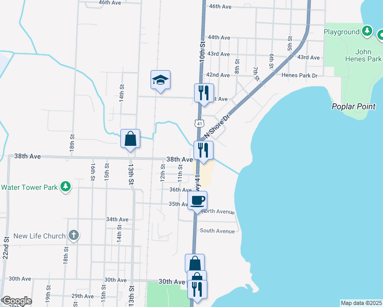 map of restaurants, bars, coffee shops, grocery stores, and more near 3805 10th Street in Menominee