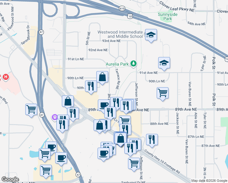 map of restaurants, bars, coffee shops, grocery stores, and more near 8956 Terrace Road Northeast in Blaine