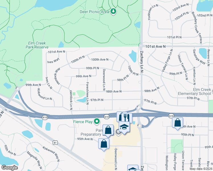map of restaurants, bars, coffee shops, grocery stores, and more near 9850 Deerwood Lane North in Maple Grove