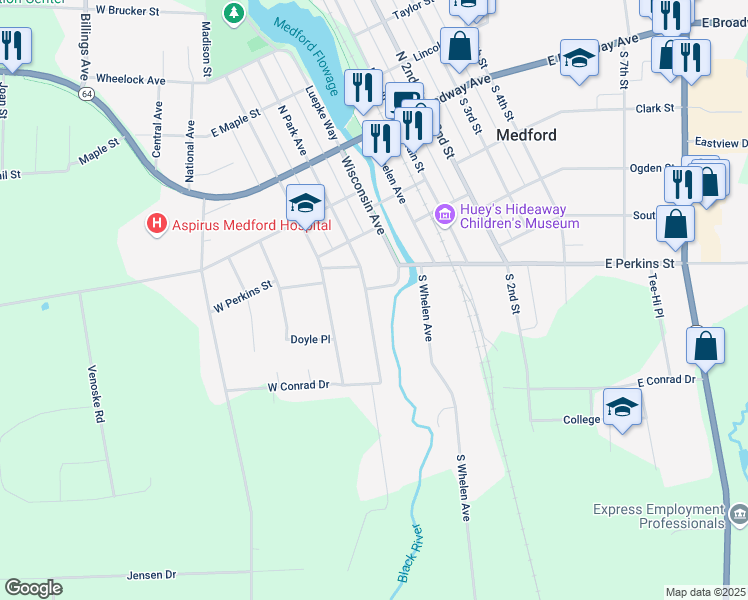map of restaurants, bars, coffee shops, grocery stores, and more near 534 South Park Avenue in Medford