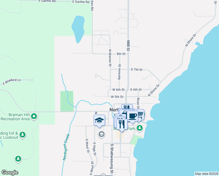 map of restaurants, bars, coffee shops, grocery stores, and more near 599 N Warren St in Northport