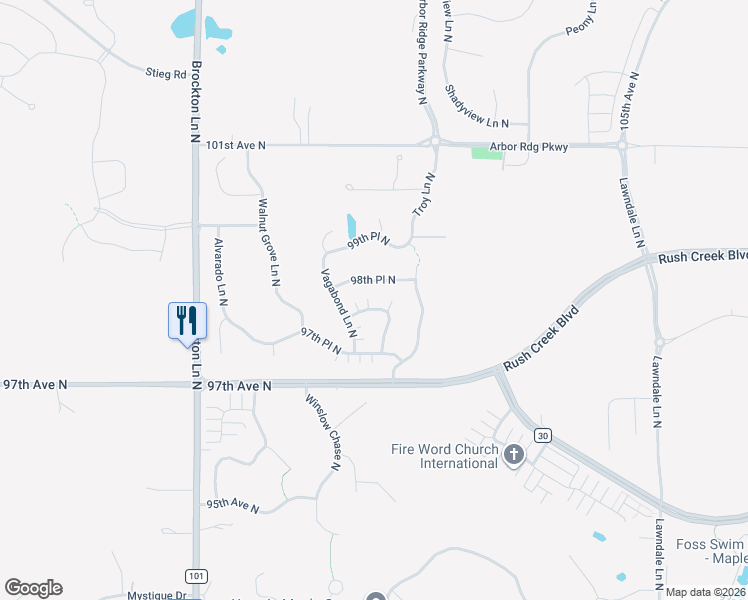 map of restaurants, bars, coffee shops, grocery stores, and more near 18462 98th Avenue North in Osseo