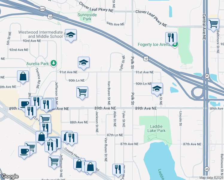 map of restaurants, bars, coffee shops, grocery stores, and more near 8983 Van Buren Street Northeast in Blaine