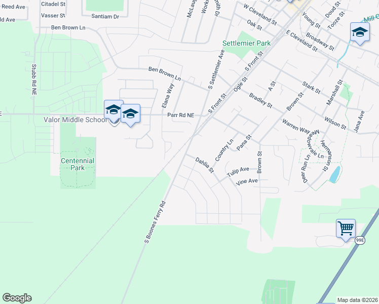 map of restaurants, bars, coffee shops, grocery stores, and more near 1121 Dahlia Street in Woodburn
