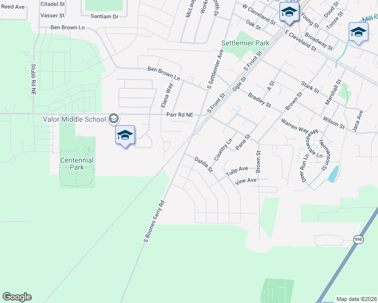 map of restaurants, bars, coffee shops, grocery stores, and more near 1121 Dahlia Street in Woodburn